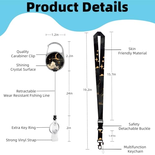 KWSAAHU ID Badge Holder with Lanyard, Detachable Lanyard and Retractable Badge Reel Clip, Vertical ID Protector Bage Clips for Man Woman Nurses Students Teachers Office Workers - Black Gold Celestial - Image 2