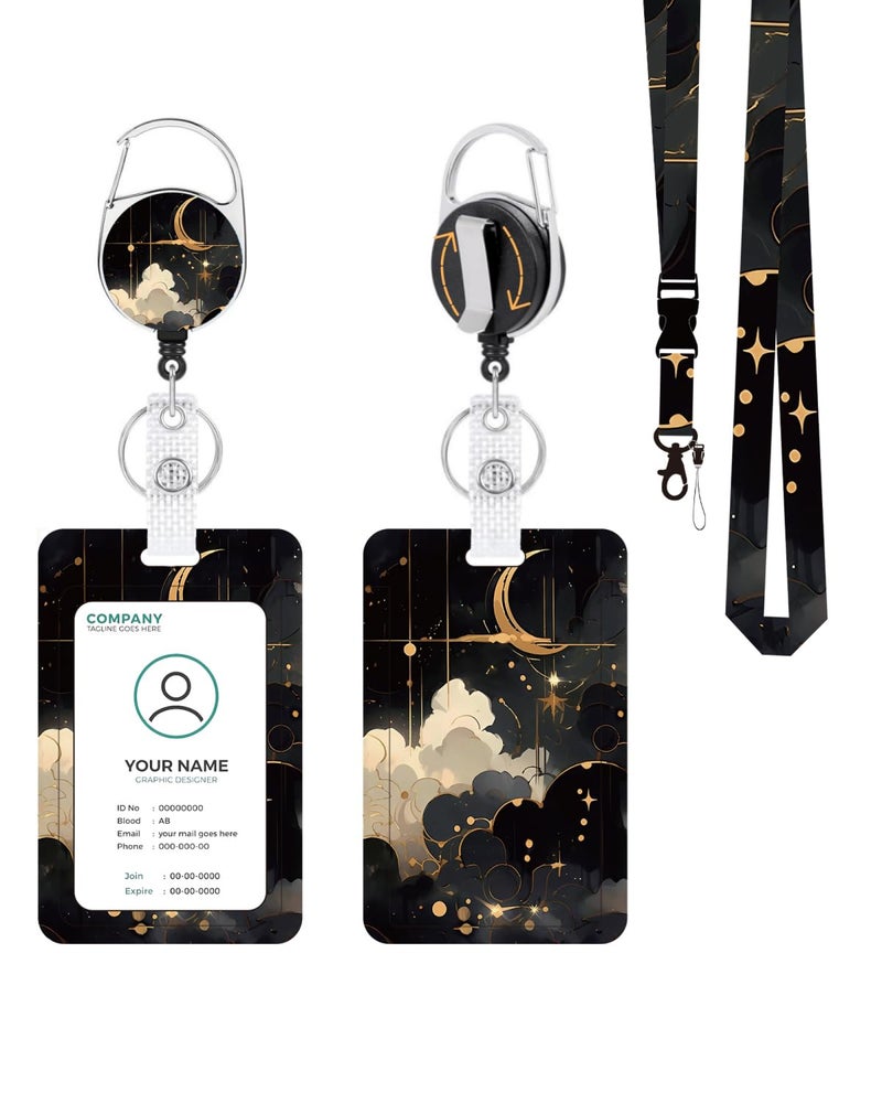 KWSAAHU ID Badge Holder with Lanyard, Detachable Lanyard and Retractable Badge Reel Clip, Vertical ID Protector Bage Clips for Man Woman Nurses Students Teachers Office Workers - Black Gold Celestial - Image 1