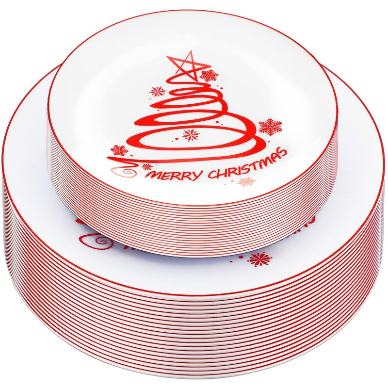 EBOOT 60 Pcs Christmas Plates Christmas Tree Plastic Plates Round Disposable Dessert Dinner supply for Holiday Party Supplies 1025 Inch and 75 InchRedCute Style