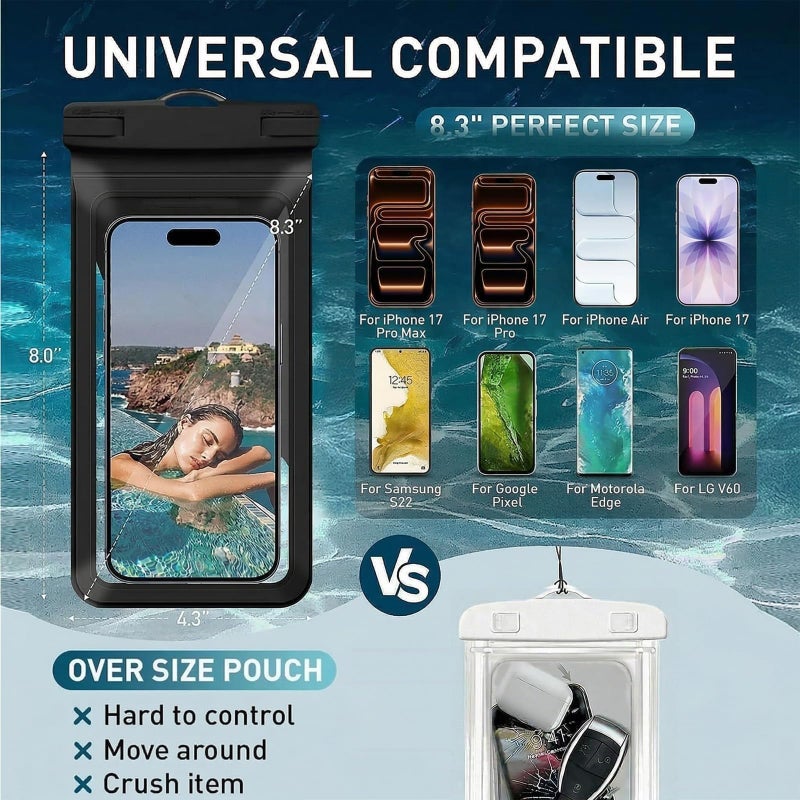 Vsagier Waterproof Phone Pouch, with Interior Card Pocket, Large Waterproof Phone Case for iPhone 17 16 15 14 Pro Max, IPX8 Lightweigt Cellphone Dry Bag, Beach Cruise Ship Essentials,1 Pack-Black-8.3â€³ - Image 2