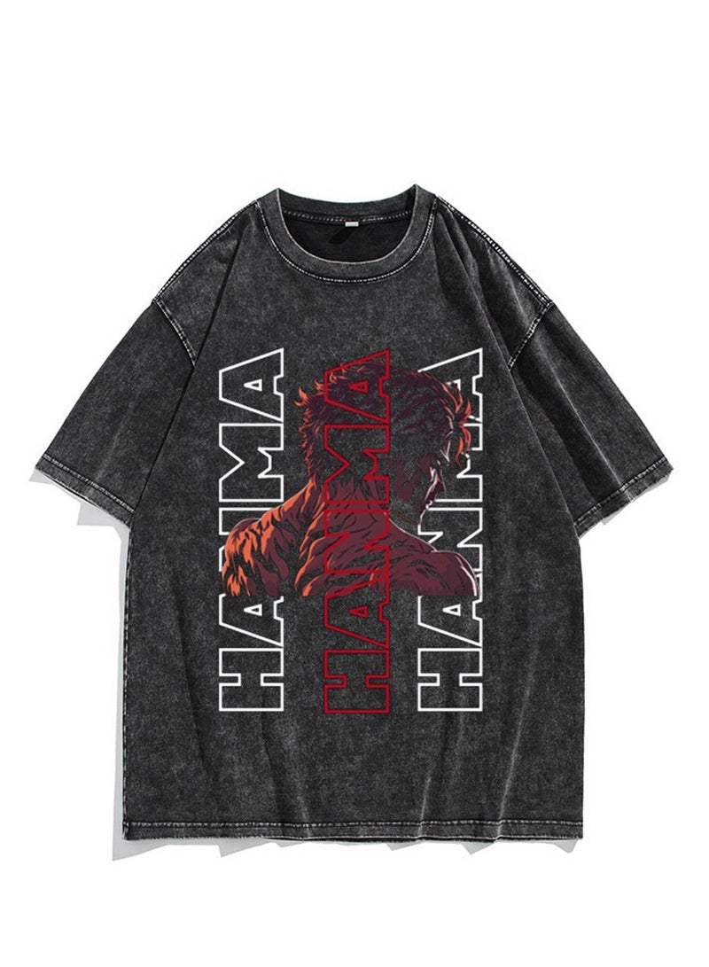 Washed retro T-shirt street hip hop anime Baki Hanma casual cotton summer short sleeves