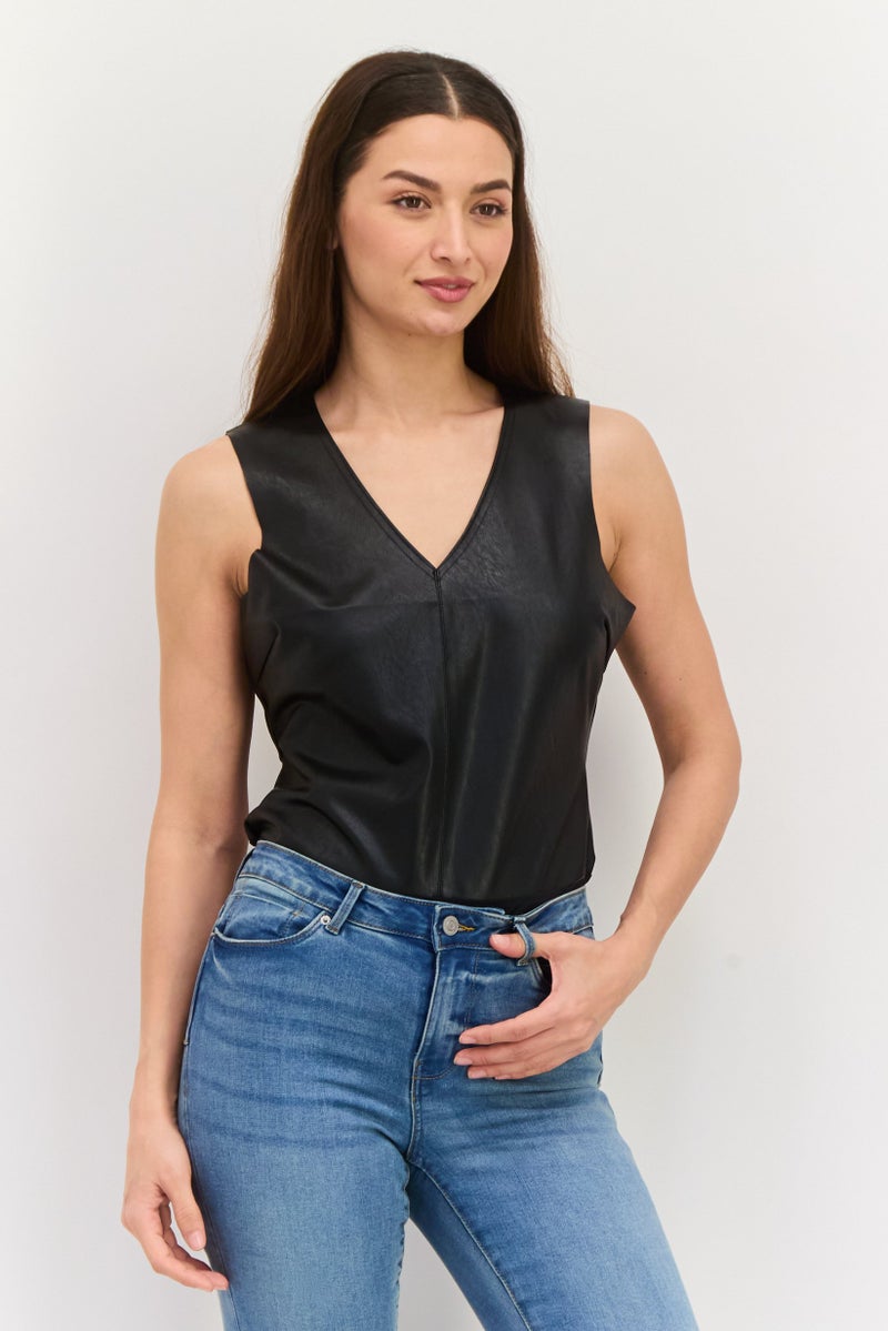 Black Tape Women Plain Sleeveless Bodysuit, Black  - Image 1