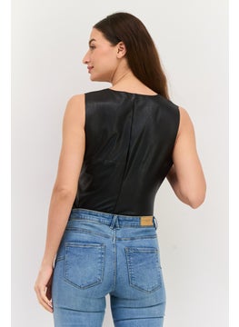 Black Tape Women Plain Sleeveless Bodysuit, Black  - Image 2