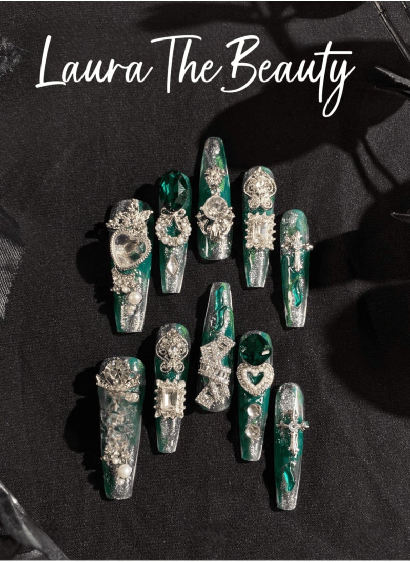 LauraTheBeauty - 【GreenElf】 10 Pcs Rhinestone Nail Art False Nails Short Square Fake Nails Press on Nails with Wearing Tools - Image 1