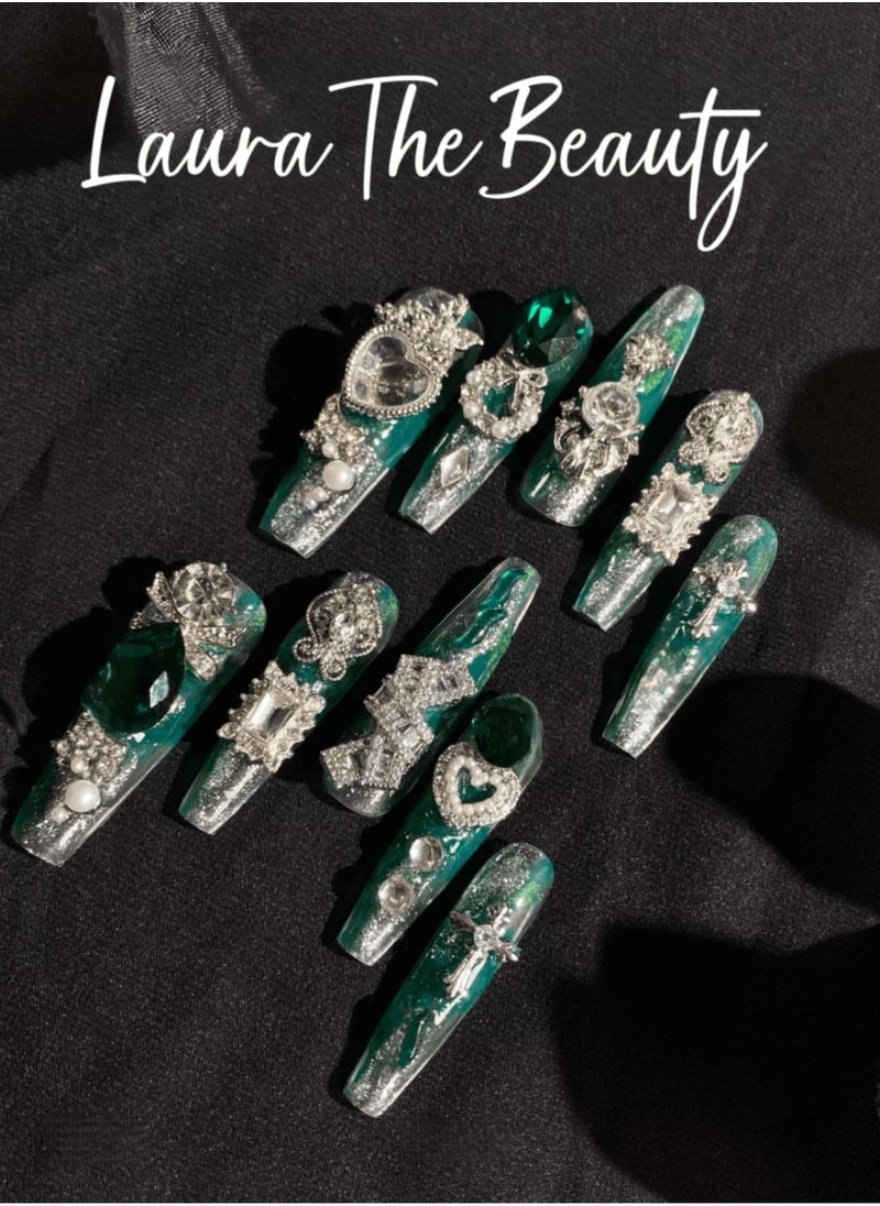 LauraTheBeauty - 【GreenElf】 10 Pcs Rhinestone Nail Art False Nails Short Square Fake Nails Press on Nails with Wearing Tools - Image 1