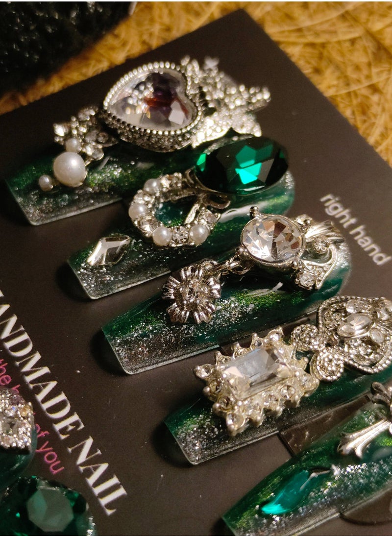 LauraTheBeauty - 【GreenElf】 10 Pcs Rhinestone Nail Art False Nails Short Square Fake Nails Press on Nails with Wearing Tools - Image 1