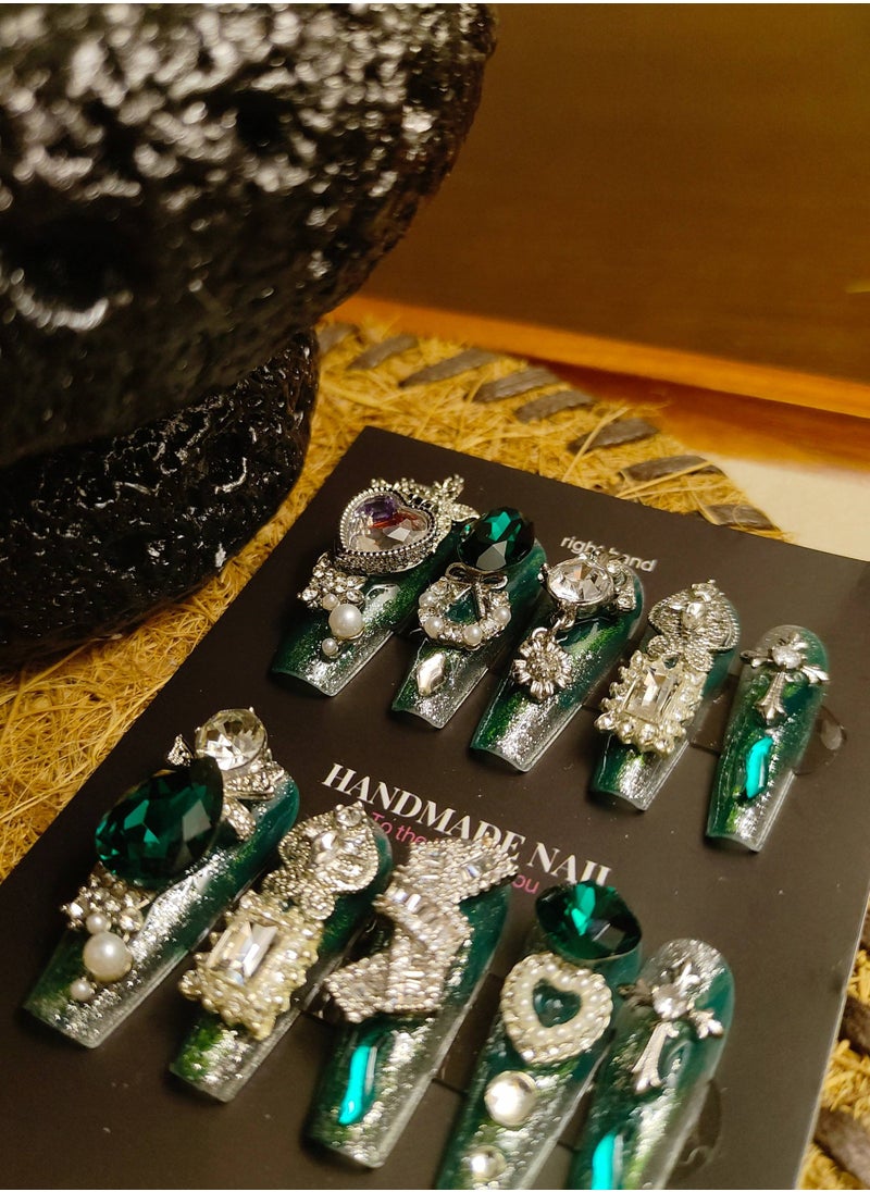 LauraTheBeauty - 【GreenElf】 10 Pcs Rhinestone Nail Art False Nails Short Square Fake Nails Press on Nails with Wearing Tools - Image 1