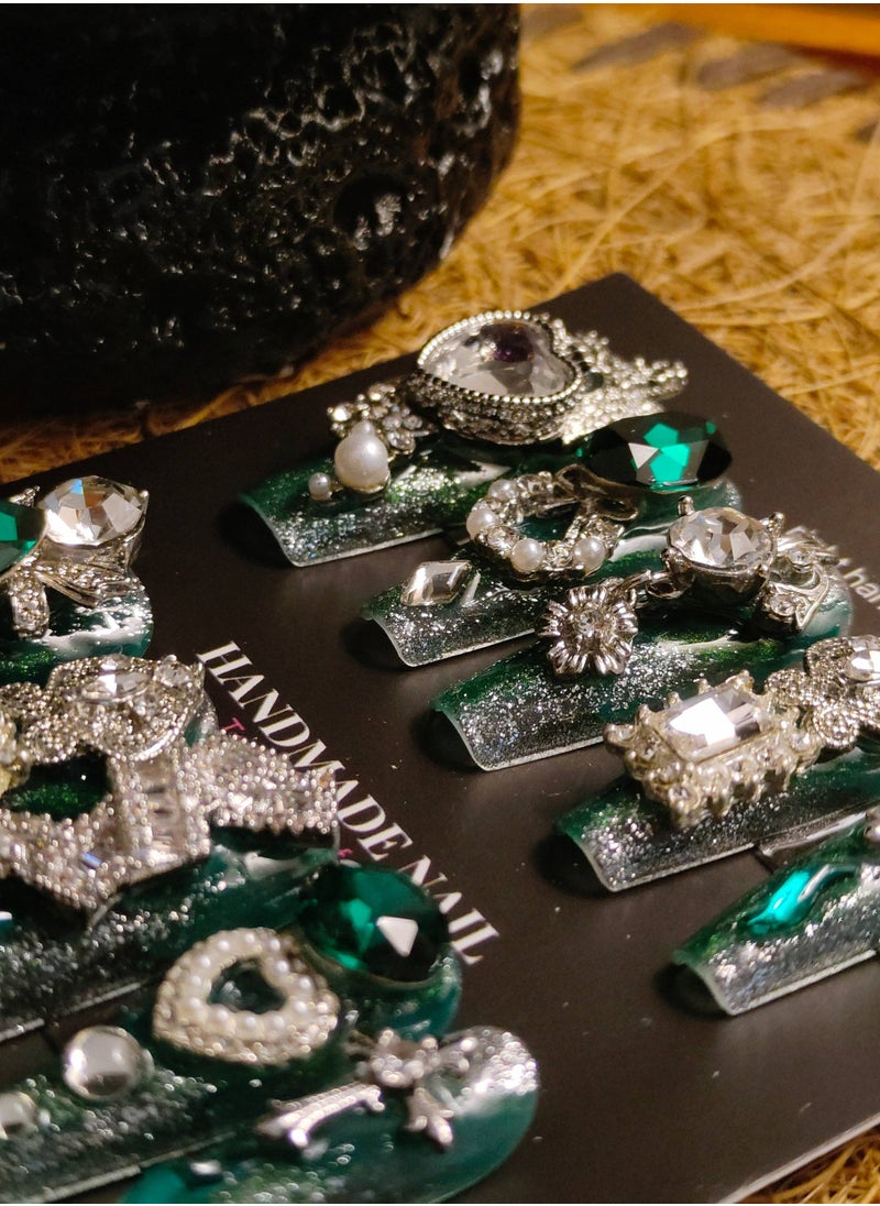 LauraTheBeauty - 【GreenElf】 10 Pcs Rhinestone Nail Art False Nails Short Square Fake Nails Press on Nails with Wearing Tools - Image 1