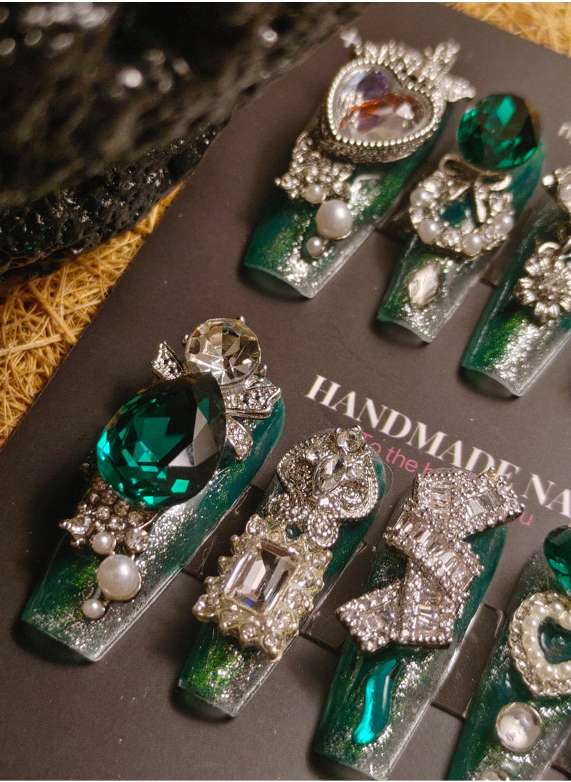 LauraTheBeauty - 【GreenElf】 10 Pcs Rhinestone Nail Art False Nails Short Square Fake Nails Press on Nails with Wearing Tools - Image 1