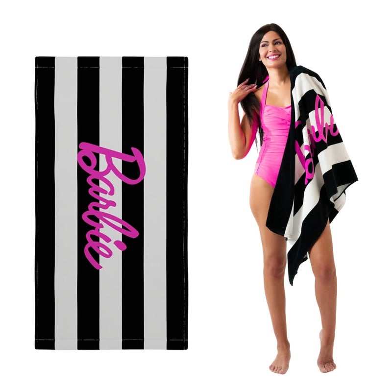 Franco Barbie Barbiecore Black  White Striped Soft Cotton BathPoolBeach Towel 60 in x 30 in Official Licensed Barbie Product