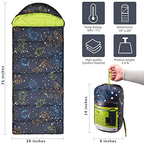 AceCamp Kids' Glow-in-The-Dark Sleeping Bag - Portable, Water-Resistant, Temp Rating 30F/ -1, for Camping, Hiking, Slumber Party (Youth) - Image 3