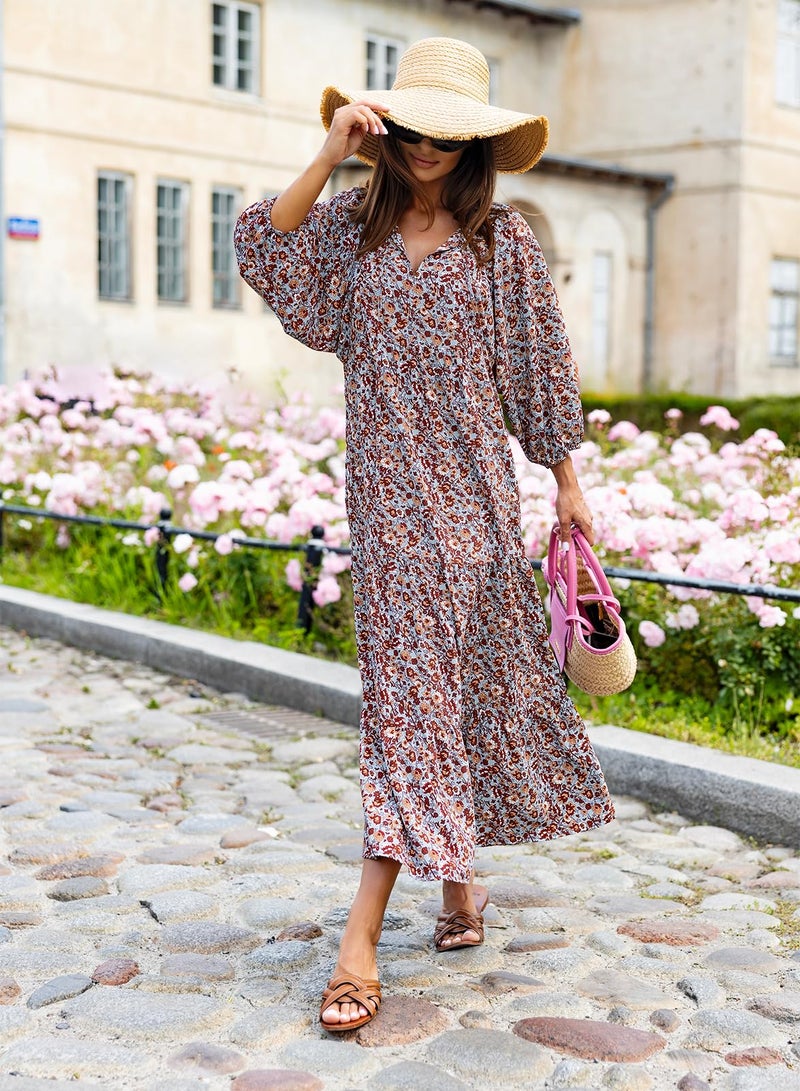 miduo Womens Maxi Dress Short Sleeve V Neck Spring Casual Floral Beach Bohemian Boho Ankle Length Long Maxi Dresses S - Image 2