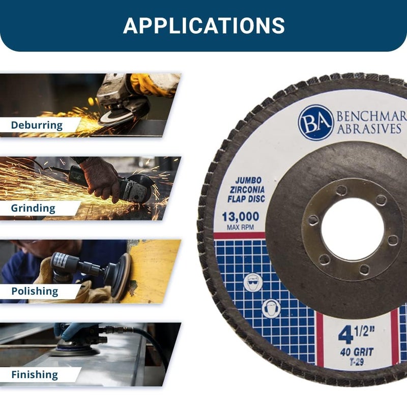 Benchmark Abrasives 4.5" x 7/8" Premium High Density Jumbo Zirconia Type 29 Flap Discs 4 1/2 for Angle Grinder, Sanding Discs, Finishing - Grinding Wheels 4 1/2 Inch (10 Pack) - 40 Grit - Image 3