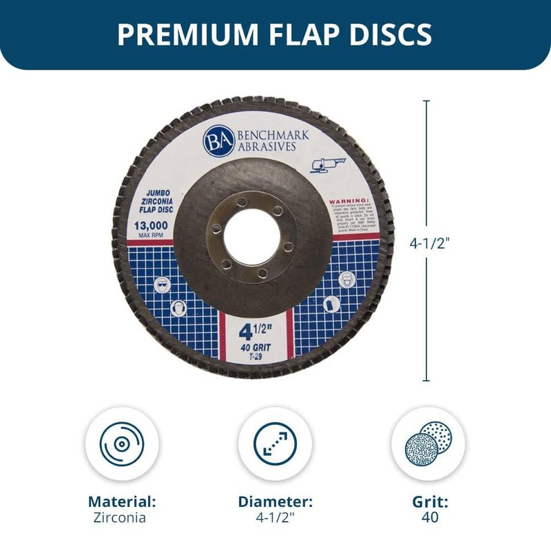Benchmark Abrasives 4.5" x 7/8" Premium High Density Jumbo Zirconia Type 29 Flap Discs 4 1/2 for Angle Grinder, Sanding Discs, Finishing - Grinding Wheels 4 1/2 Inch (10 Pack) - 40 Grit - Image 5