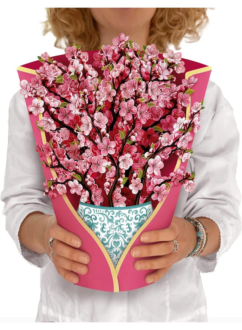 Zikra 3D Flower Bouquet Pop Up Cards, Paper Greeting Cards with Note Card and Envelope, 12" Cherry Blossoms Birthday Anniversary Get Well Gifts for Women - Image 1