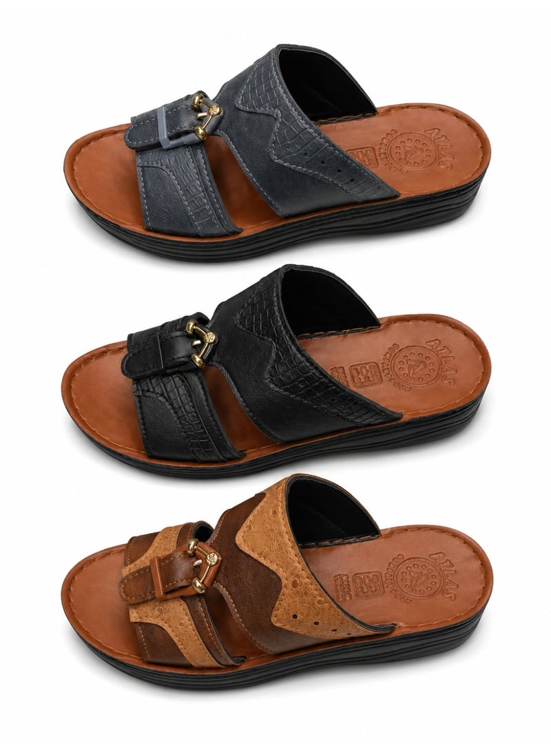 Men’s Arabic Style Slide Sandals, Open Toe Slip-On Comfort Sandals with Leather-Look Upper, Cushioned Footbed, Non-Slip Sole, Buckle Detail Casual Summer Slippers for Men, Black Brown Blue - Image 1