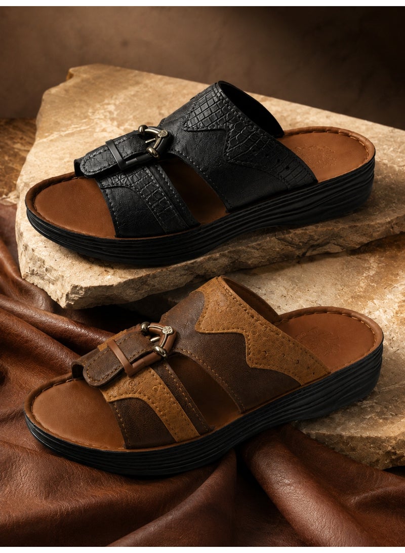 Men’s Arabic Style Slide Sandals, Open Toe Slip-On Comfort Sandals with Leather-Look Upper, Cushioned Footbed, Non-Slip Sole, Buckle Detail Casual Summer Slippers for Men, Black Brown Blue - Image 5