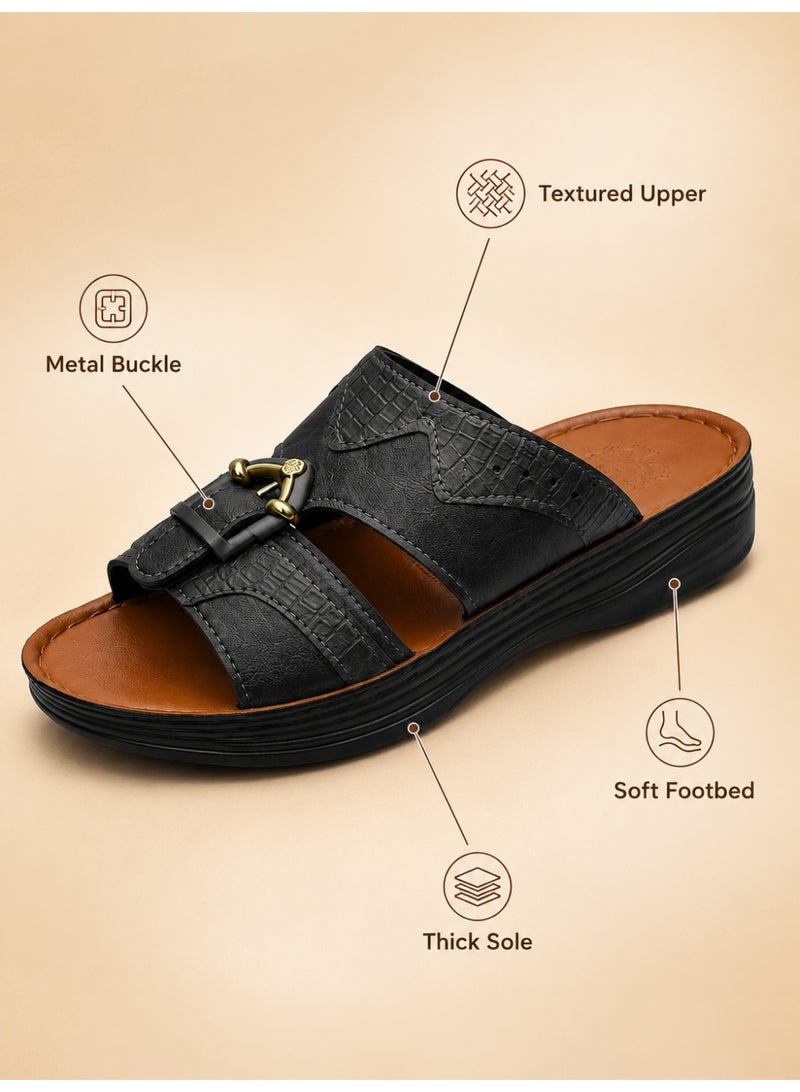 Men’s Arabic Style Slide Sandals, Open Toe Slip-On Comfort Sandals with Leather-Look Upper, Cushioned Footbed, Non-Slip Sole, Buckle Detail Casual Summer Slippers for Men, Black Brown Blue - Image 2