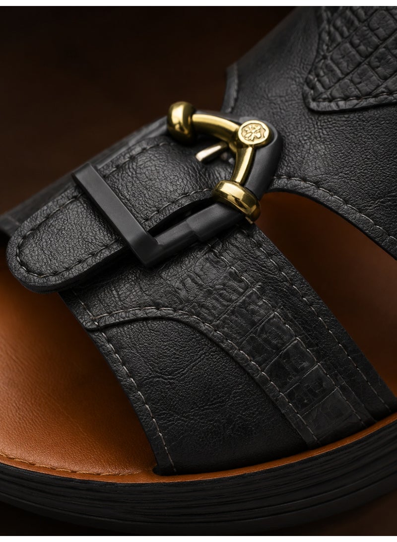 Men’s Arabic Style Slide Sandals, Open Toe Slip-On Comfort Sandals with Leather-Look Upper, Cushioned Footbed, Non-Slip Sole, Buckle Detail Casual Summer Slippers for Men, Black Brown Blue - Image 3