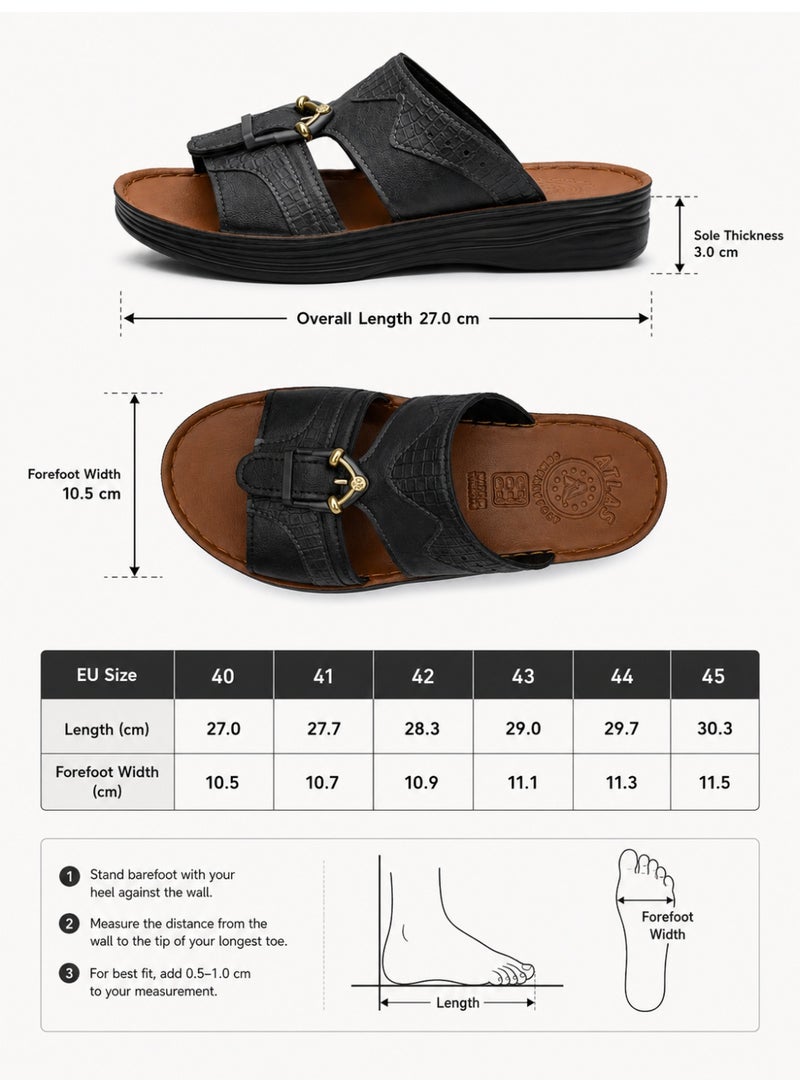 Men’s Arabic Style Slide Sandals, Open Toe Slip-On Comfort Sandals with Leather-Look Upper, Cushioned Footbed, Non-Slip Sole, Buckle Detail Casual Summer Slippers for Men, Black Brown Blue - Image 4