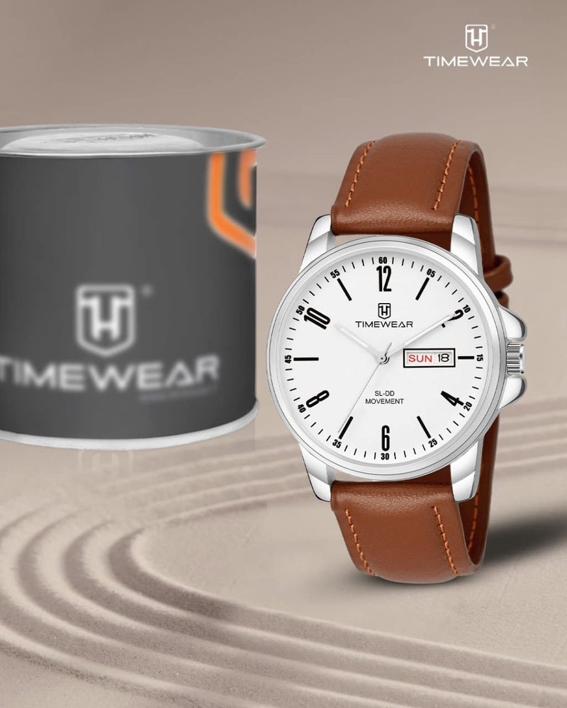 TIMEWEAR Analog New Track White Dial Day Date Functioning Brown Leather Strap Watch for Men - Image 2