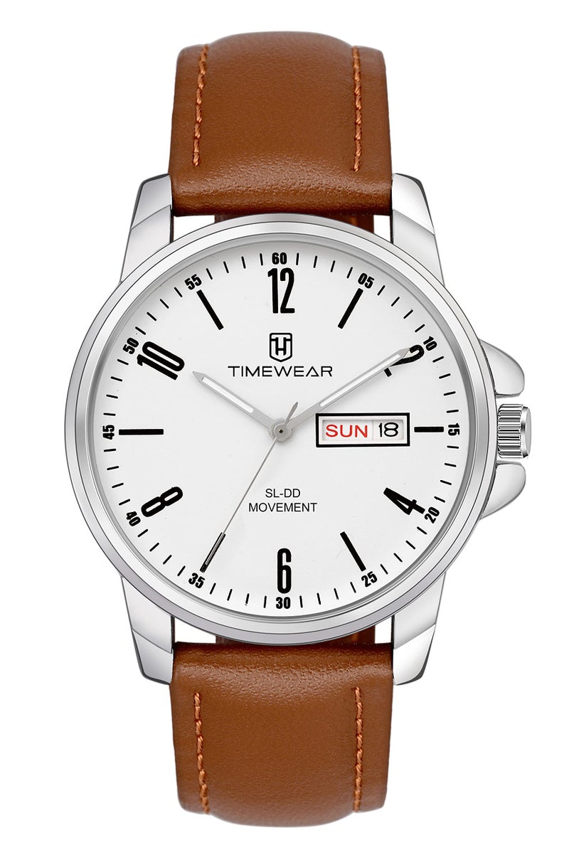 TIMEWEAR Analog New Track White Dial Day Date Functioning Brown Leather Strap Watch for Men - Image 3
