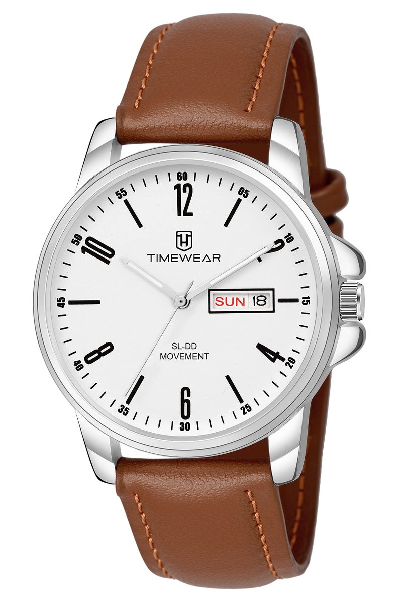 TIMEWEAR Analog New Track White Dial Day Date Functioning Brown Leather Strap Watch for Men - Image 1