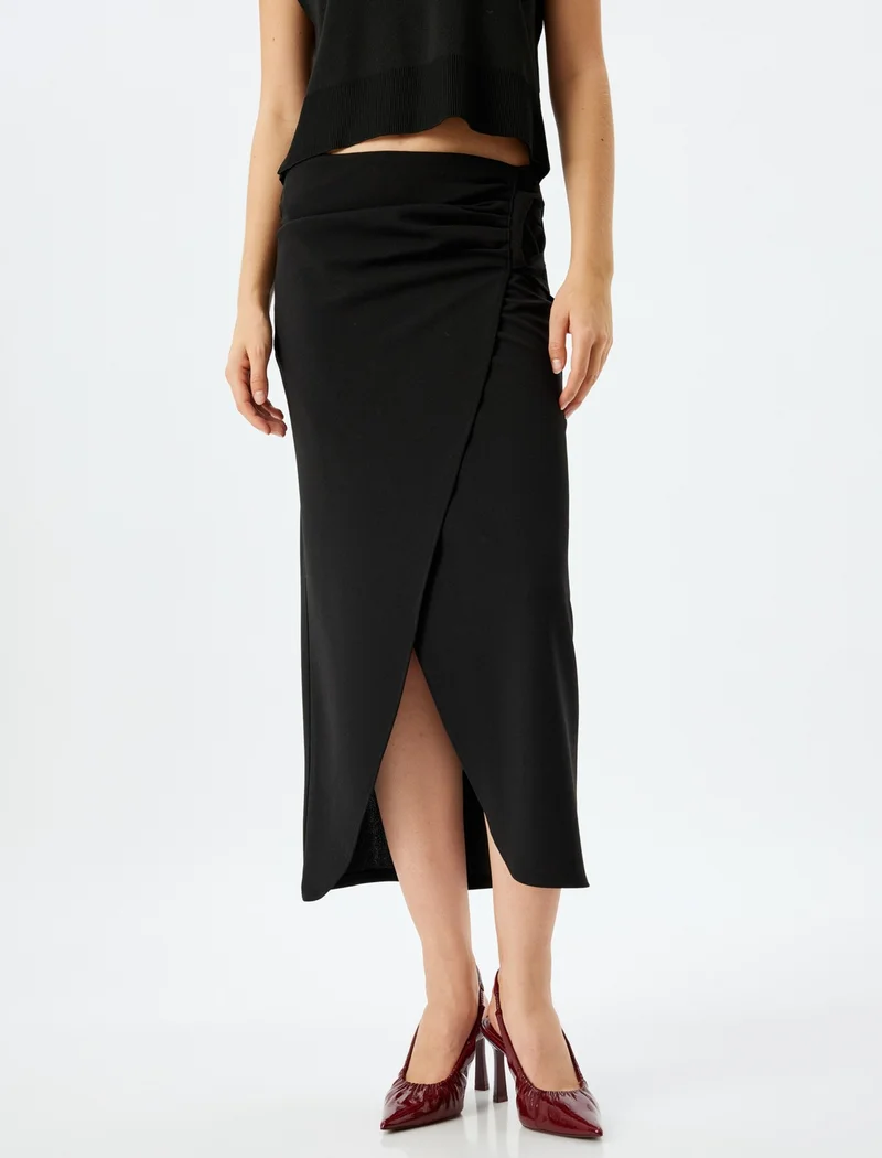 كوتون Slim Fit Draped Midi Length Asymmetrical Double Breasted Skirt