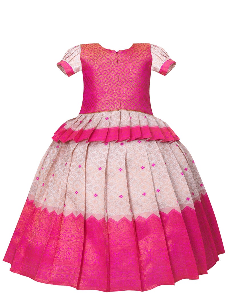 Suzvan New South Indian Traditional Pattu Pavadai Pattu Langa Lehenga Choli For Baby Girls Dress (7-8 Years, Pink & White) - Image 2