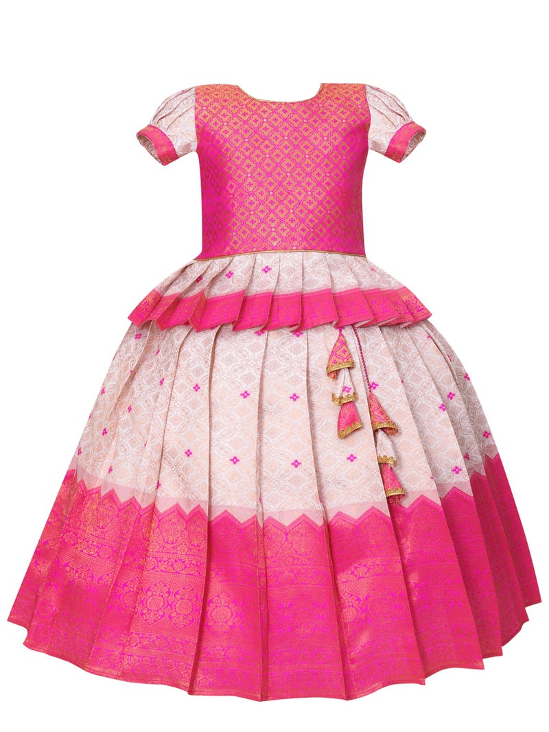 Suzvan New South Indian Traditional Pattu Pavadai Pattu Langa Lehenga Choli For Baby Girls Dress (7-8 Years, Pink & White) - Image 4