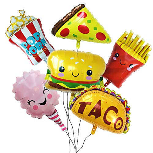 yoliyogo Balloon Set with 6 Large Pieces of Snacks for Party and Shop Decoration Decor Balloon Set Includes Pizza Popcorn Hamburger Chips Ice Cream Taco Food Theme Yummy Style for Birthday Food Party etc - Image 1