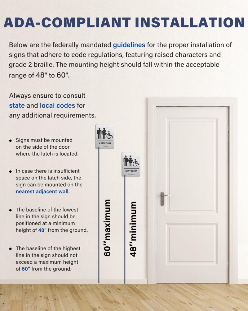 Abudada ADA-Mark Modern Restroom Sign for Business - 2PK ADA Compliant Braille Bathroom Sign with Easy Installation - 6" W x 8" H - Image 2
