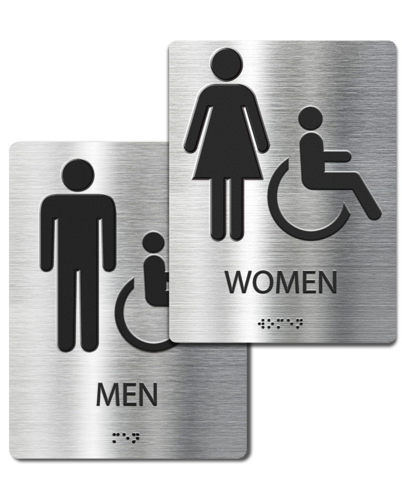 Abudada ADA-Mark Modern Restroom Sign for Business - 2PK ADA Compliant Braille Bathroom Sign with Easy Installation - 6" W x 8" H - Image 1