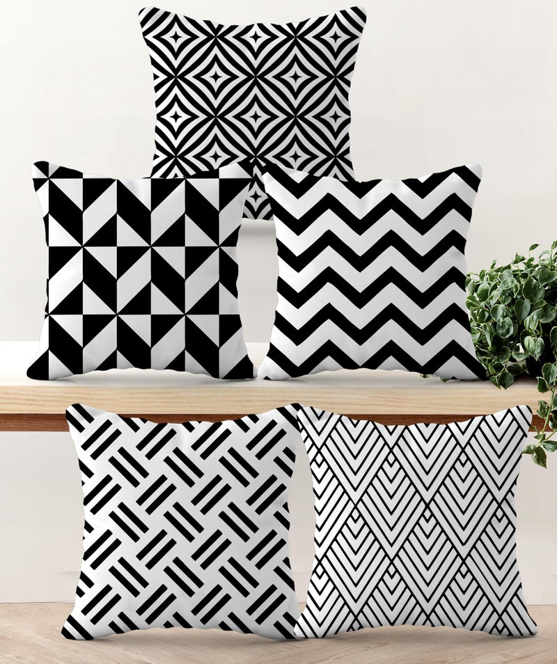 HOOPY Set of 5 Designer Decorative Throw Pillow/Cushion Covers (16 inch x 16 inch, Black Geometric Print) - Image 1