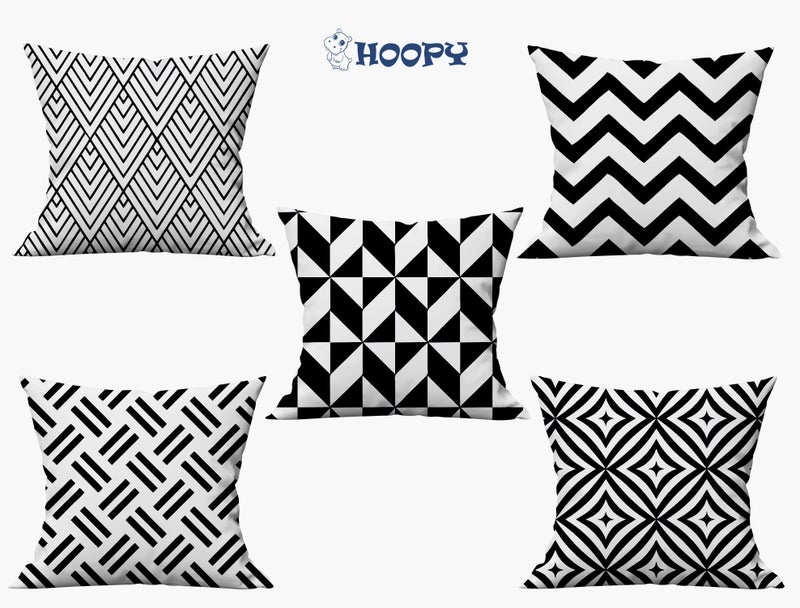 HOOPY Set of 5 Designer Decorative Throw Pillow/Cushion Covers (16 inch x 16 inch, Black Geometric Print) - Image 4