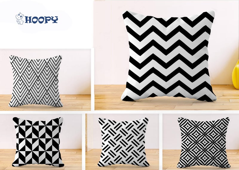 HOOPY Set of 5 Designer Decorative Throw Pillow/Cushion Covers (16 inch x 16 inch, Black Geometric Print) - Image 2