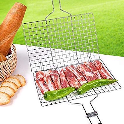 R Runilex BBQ Grill Net Basket Barbecue Roast Grilling Tray Chromium Plated with Wooden Handle33X22 CM - Image 2
