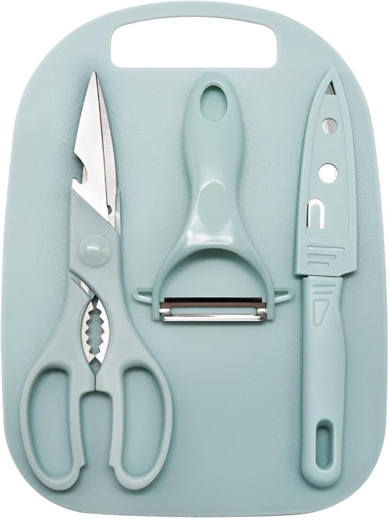 Picnic Tools - Compact family picnic preparation kit featuring strong plastic cutting boards, reliable steel knife and sheath, ergonomic peeler plus easy-use scissors, travel ready convenience