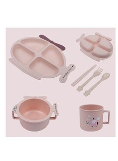 ماركة غير محددة مجموعة feeding للأطفال من 6 قطع مصنوعة من القش القمح بتصميم طائرة وردية - أدوات طعام صديقة للبيئة، خفيفة الوزن، وقوية للأطفال الصغار.  - Image 2