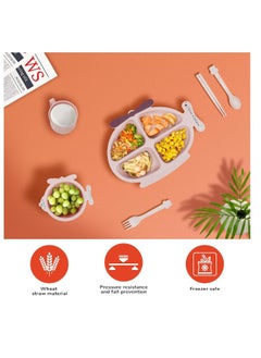 ماركة غير محددة مجموعة feeding للأطفال من 6 قطع مصنوعة من القش القمح بتصميم طائرة وردية - أدوات طعام صديقة للبيئة، خفيفة الوزن، وقوية للأطفال الصغار.  - Image 5
