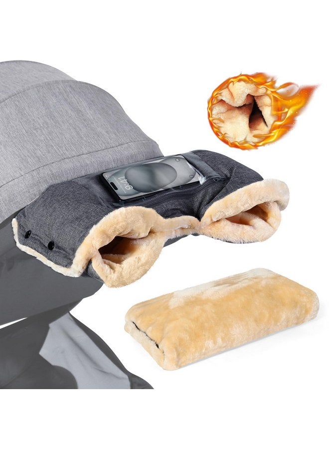 Orzbow Faux Sheepskin Stroller Gloves with Phone Pockets, Winter Extra Thick Mittens for Baby Stroller, Cozy & Warm, Anti-freeze Hand Muff Easily Attaches to Stroller for Parents Caregivers, Dark Gray - Image 1