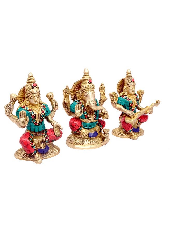 Aone Metal India Goddess Laxmi, Ganesha And Saraswati Idol (5 x 3 Inch, Brass) - Image 3