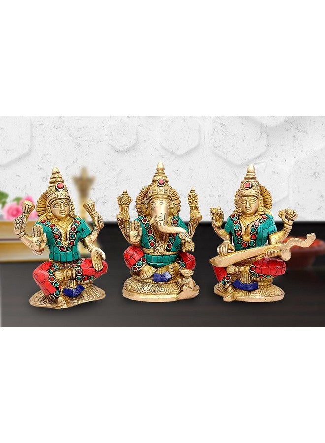 Aone Metal India Goddess Laxmi, Ganesha And Saraswati Idol (5 x 3 Inch, Brass) - Image 2
