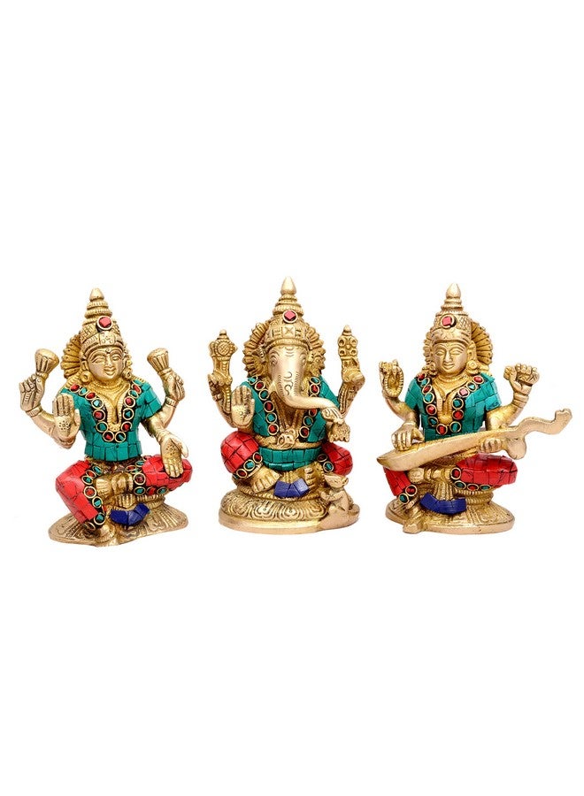 Aone Metal India Goddess Laxmi, Ganesha And Saraswati Idol (5 x 3 Inch, Brass) - Image 1