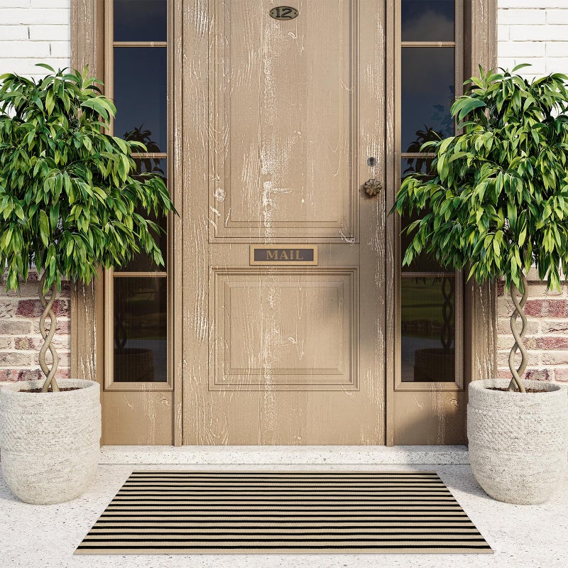 LEEVAN Black and White Front Door Rug 2.3x3.6, Striped Outdoor Rug Washable Welcome Layered Door Mats, Woven Front Porch Decor Indoor Entrancet Dooramts - Image 2