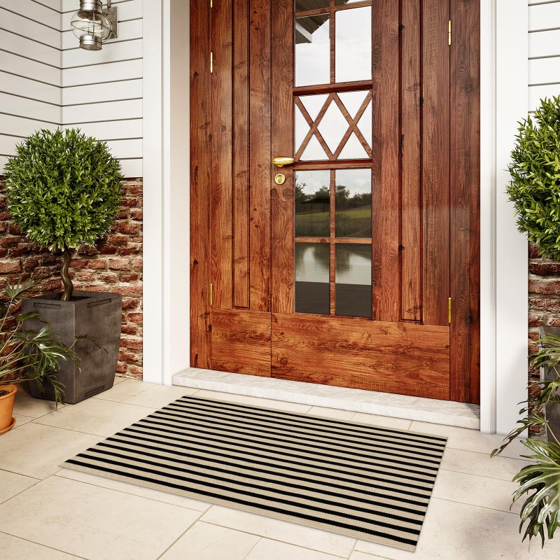 LEEVAN Black and White Front Door Rug 2.3x3.6, Striped Outdoor Rug Washable Welcome Layered Door Mats, Woven Front Porch Decor Indoor Entrancet Dooramts - Image 1