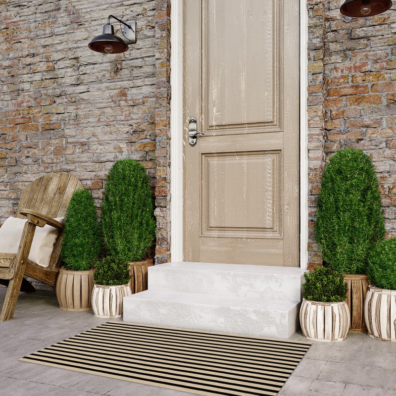 LEEVAN Black and White Front Door Rug 2.3x3.6, Striped Outdoor Rug Washable Welcome Layered Door Mats, Woven Front Porch Decor Indoor Entrancet Dooramts - Image 4