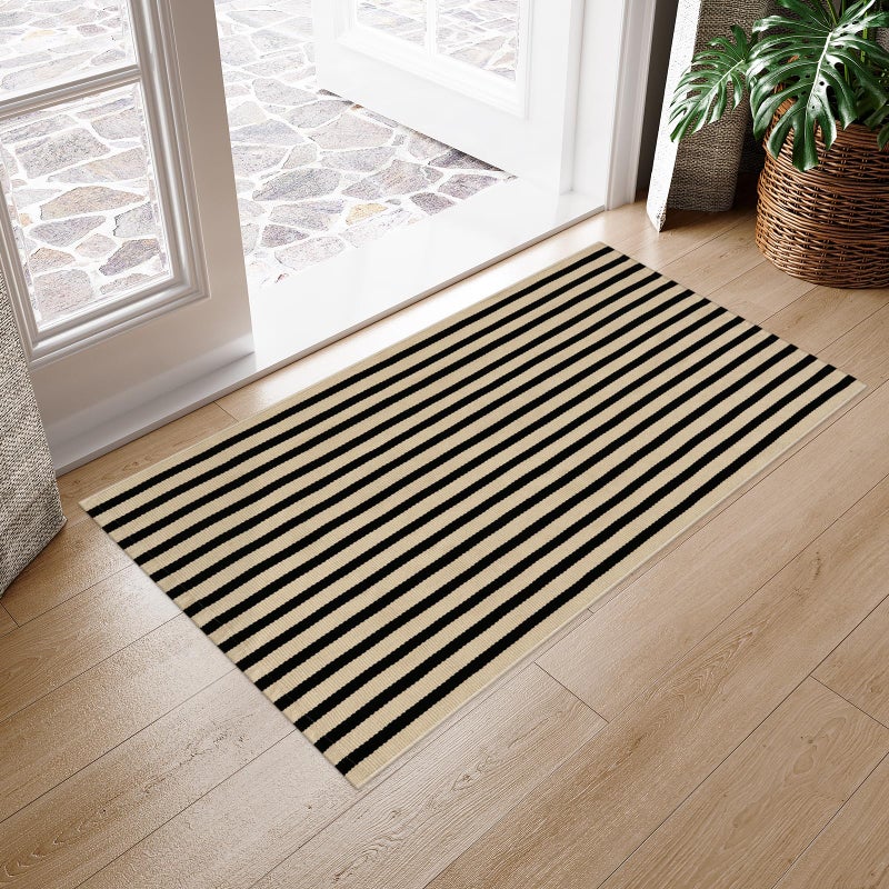 LEEVAN Black and White Front Door Rug 2.3x3.6, Striped Outdoor Rug Washable Welcome Layered Door Mats, Woven Front Porch Decor Indoor Entrancet Dooramts - Image 3
