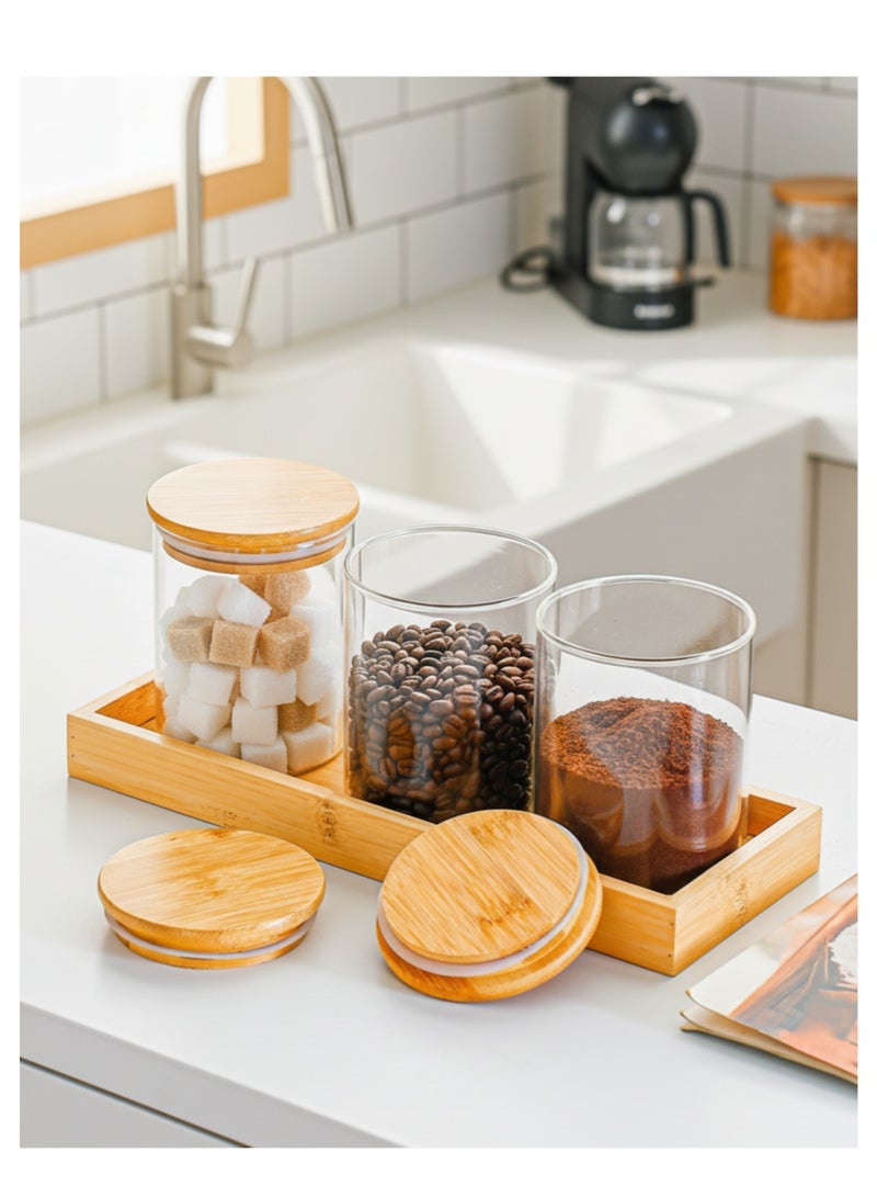 YASMINARA 3-Pack Glass Storage Jars with Bamboo Airtight Lids & Bamboo Tray, Canisters Set for Kitchen Countertop - Pantry Organization for Coffee, Tea, Sugar, Flour, Spices, Dry Food, Elegant Visible Storage Containers - Image 1
