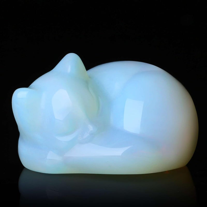 LAIDANLA Opal Sleeping Cat Statue Healing Crystals Moonstones Hand Carved Cute Kitten Figurine Sculpture 1.6"" Opalite White Gemstone Decor Polished Stone Reiki Office Desk Home Decoration Gifts - Image 1